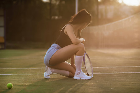 Young woman playing tennis on the court at sunset, sport and healthy lifestyle conceptの写真素材