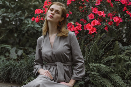 A girl poses in a botanical garden among plants. The model is wearing a gray suit. Freckles on the girl's face. The girl poses among flowers, bushes, trees, cacti.の写真素材