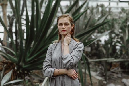 A girl poses in a botanical garden among plants. The model is wearing a gray suit. Freckles on the girl's face. The girl poses among flowers, bushes, trees, cacti.の写真素材