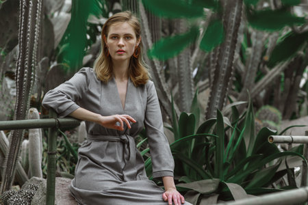 A girl poses in a botanical garden among plants. The model is wearing a gray suit. Freckles on the girl's face. The girl poses among flowers, bushes, trees, cacti.の写真素材