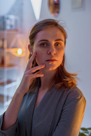 The girl poses in a cafe. The model is wearing a gray suit. Freckles on the girl's face. A fair-haired girl poses in a lit room near a lampの写真素材