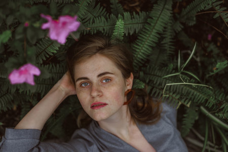 A girl poses in a botanical garden among plants. The model is wearing a gray suit. Freckles on the girl's face. The girl poses among flowers, bushes, trees, cacti.の写真素材