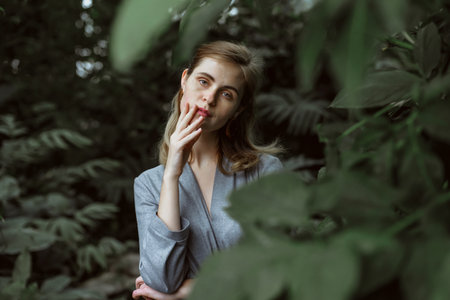A girl poses in a botanical garden among plants. The model is wearing a gray suit. Freckles on the girl's face. The girl poses among flowers, bushes, trees, cacti.の写真素材