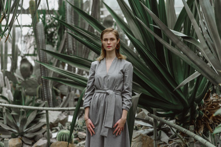 A girl poses in a botanical garden among plants. The model is wearing a gray suit. Freckles on the girl's face. The girl poses among flowers, bushes, trees, cacti.の写真素材