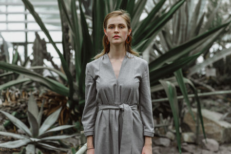 A girl poses in a botanical garden among plants. The model is wearing a gray suit. Freckles on the girl's face. The girl poses among flowers, bushes, trees, cacti.の写真素材