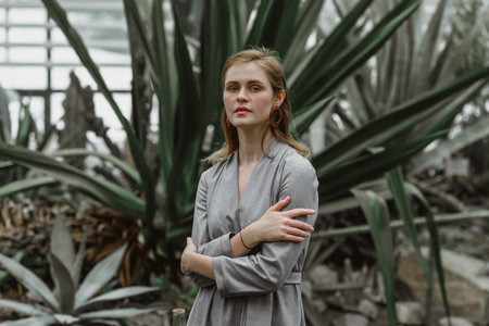 A girl poses in a botanical garden among plants. The model is wearing a gray suit. Freckles on the girl's face. The girl poses among flowers, bushes, trees, cacti.の写真素材