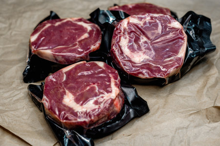 Raw T-bone steak in vacuum package on craft paper background.の写真素材