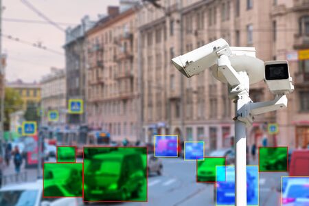The concept of video surveillance and security technologies. Video surveillance camera on the...