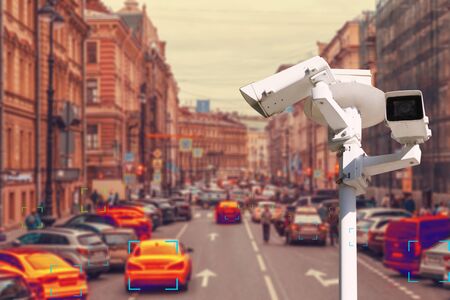 The concept of video surveillance and security technology. The surveillance camera tracks violators of traffic rules during traffic congestion. Definition zone.の写真素材