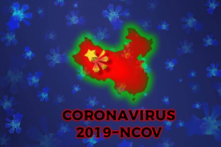 Coronavirus 2019 is a new concept of the nCov coronavirus responsible for the Asian flu outbreak and flu coronaviruses. A blue background with bacteria stars and a map of China with a green glow.の写真素材