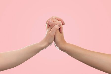 LGBT. Two females hands are holding each other. Copy space. Pink background. Concept of the LGBT...