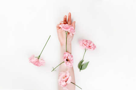 A delicate female hand, on top of which are flowers of pink eustoma. White background. Flat lay. Copy space. The concept of Floristics and tenderness.の写真素材