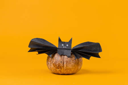 A pumpkin on which a bat is sitting, made of paper. Orange background. Copy space. The concept of...