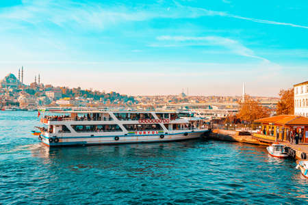10/23/2019 Istanbul, Turkey. Cruise pleasure ship is in port. In the background there is a horizon and a view of the city. Copy space. The concept of travel.のeditorial素材