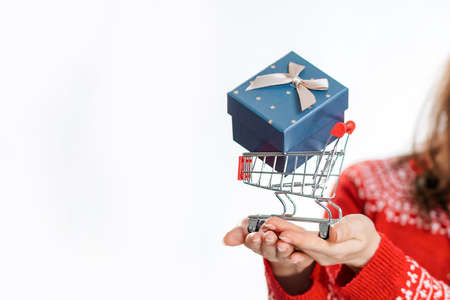 Person in a new year's sweater, holding a mini-cart with a gift. Hands close up. White background....