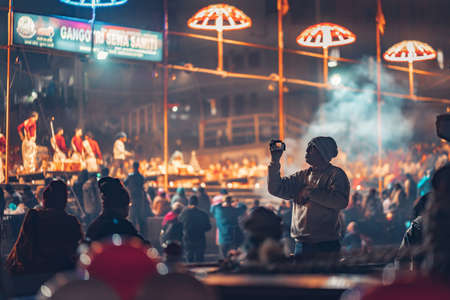 12/18/2019 Varanasi India. Sacred religious ceremony of the Indians. Religion. Night.のeditorial素材