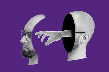 Collage of modern art. The concept of psychology. A man's head divided in half, from one part to the...