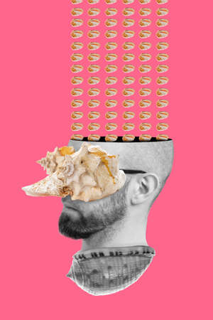 Collage of modern art. A man's head peeking out of a seashell, with a seashell on his eyes and a seashell mosaic coming out of an open head. Pink background.の写真素材