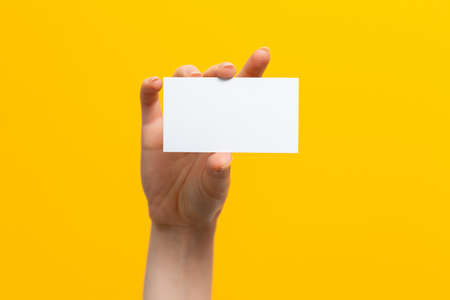 Raised female hand holding a white card. Mock up. Yellow background. Copy space.の写真素材