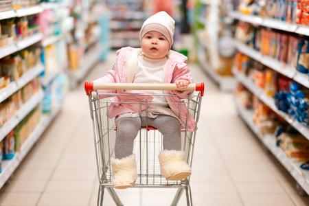 Family shopping. A cute little child is sitting in a shopping cart in the middle of a supermarket....