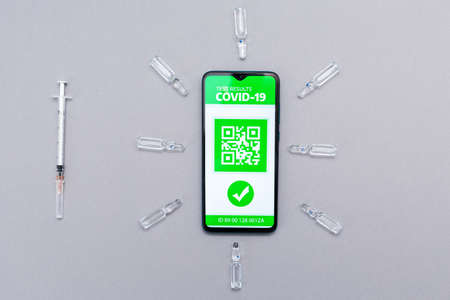 Health and technology concept. Electronic immunity passport with a COVID-19 vaccination stamp on a smartphone screen with vaccines ampoules and syringe. Gray background. Flat lay.の写真素材