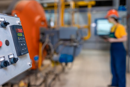 Information panel for industrial production. Close-up. Worker on the background in blur.