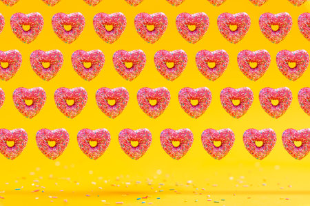 A pattern of many heart-shaped donuts with pink icing, on a yellow background. Copy space.