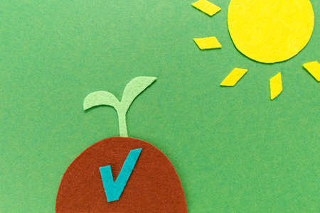 Cutted out of felt a soil with a plant sprout and sun. Graen background. Flat lay. The concept of Planting trees and Earth Day.