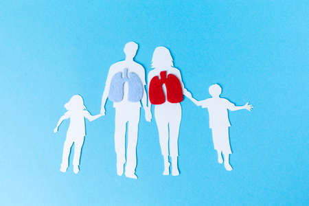 Concept of vaccination and protection against the COVID-19 virus. A silhouette of a family cutted out of paper and felt lungs. Flat lay. World day pneumonia.の写真素材