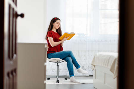 A young Caucasian woman is sitting in a bright room on a chair and reading a book. View from behind the door. There is a large window in the background. Concept of education and reading books.の写真素材