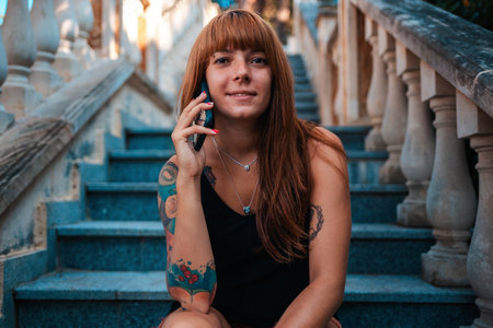 Portrait of young smiling woman with tattoos is sitting on the stome stairs and talking on the...
