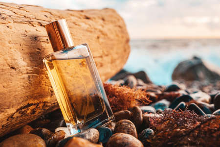 A golden transparent perfume bottle with drops on a wet pebble beach. Close-up. In the background, the ocean. Perfume and fashion advertising concept.の写真素材