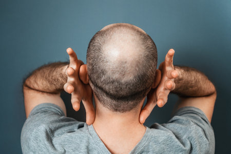 Baldy man suffering because of his appearance. Person grabs his head with his hands. Back view....
