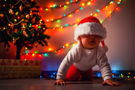 Christmas. A cute baby in a Christmas hat, lowered over his eyes, crawls around a Christmas tree decorated with glowing lights. The concept of winter Christmas holidays.の写真素材