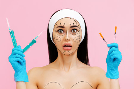 A victim of plastic surgery. Portrait of a shocked young woman with surgical markings on her face,...