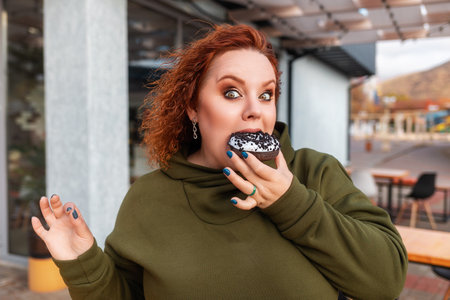 Portrait of a well-fed surprised woman eating a shocking chocolate donut. The concept of diet and obesity.の写真素材