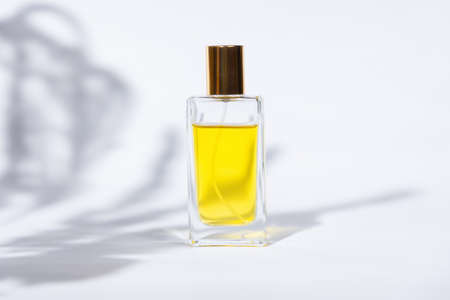 Transparent rectangular bottle of golden perfume on white background with sunlight and shadows of leaves. Minimal style perfumery template. Copy spaceの写真素材