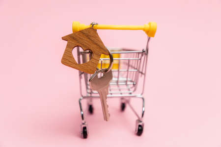 Close up of key with a keychain in mini pushcart on a pink background. Concept of leasing, mortgage and purchase of real estate.の写真素材