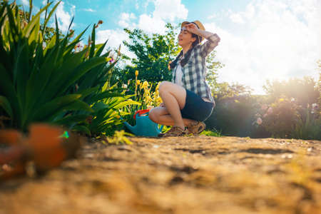 Summer. A young caucasian woman sits in the garden, wiping the sweat from her brow. gardening season. copyspace.の写真素材