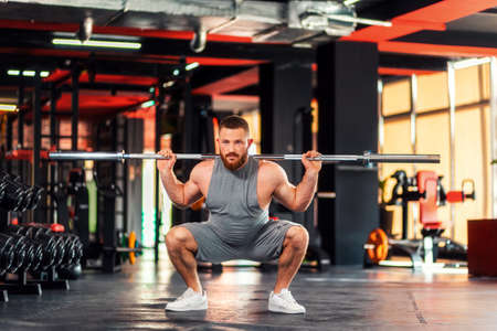 A young bearded athletic man trains in the gym squatting with a barbell. The concept of fitness and...