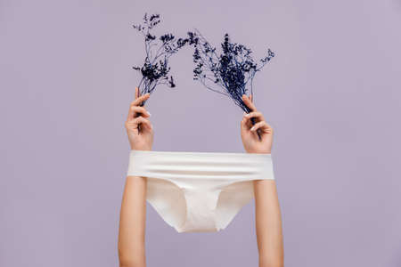 Female's hands, which hold dry plants, arms are wearing white panties. The concept of epilation of intimate areas and gynecology.の写真素材