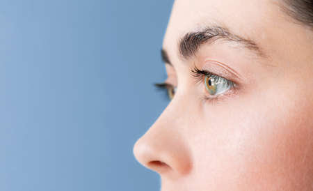 Close-up of a young female face in profile. beautiful green eyes. copyspace. The concept of vision...