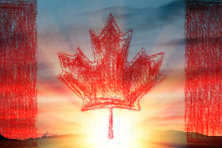 Canada day. A pencil-drawn symbol of a maple leaf on a sunset or sunrise background. Flag and landscape, double exposure. The concept of patriotism and liberty.の写真素材