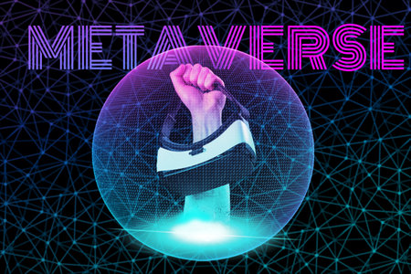 Mataverse collage. A man's hand encased in a digital sphere holds virtual reality headset. Black background with neon abstract grid. The concept of the cyberspace and future technologies.の写真素材