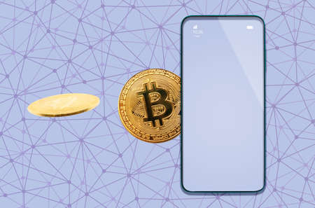 online banking. Golden bitcoins sending to smartphone. Mock up. Lilac background with digital mesh. Concept of cryptocurrency and virtual trade.の写真素材