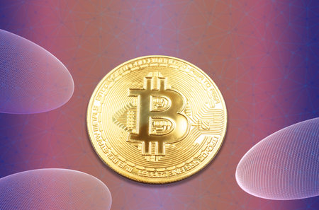 Bitcoin golden coin close-up on a purple-pink background with digital objects. Concept of cryptocurrency and virtual trade.の写真素材