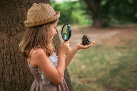 children's education. Pretty little girl scout in a straw hat looks at pine cone through magnifier. The concept of curious childhood.の写真素材