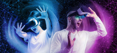Banner of horror 3D simulation. Portraits of young had shocked screaming woman and man removing VR...