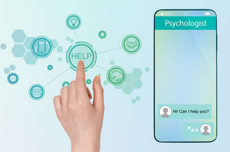 A smartphone with an application for online psychological help. Female hand push the virtual button...