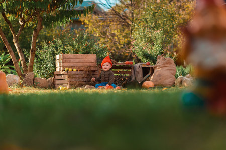 Cute little boy in costume of dwarf sitting in kitchen-garden with harvest. Wooden boxes on the background. copyspace. Halloween.の写真素材